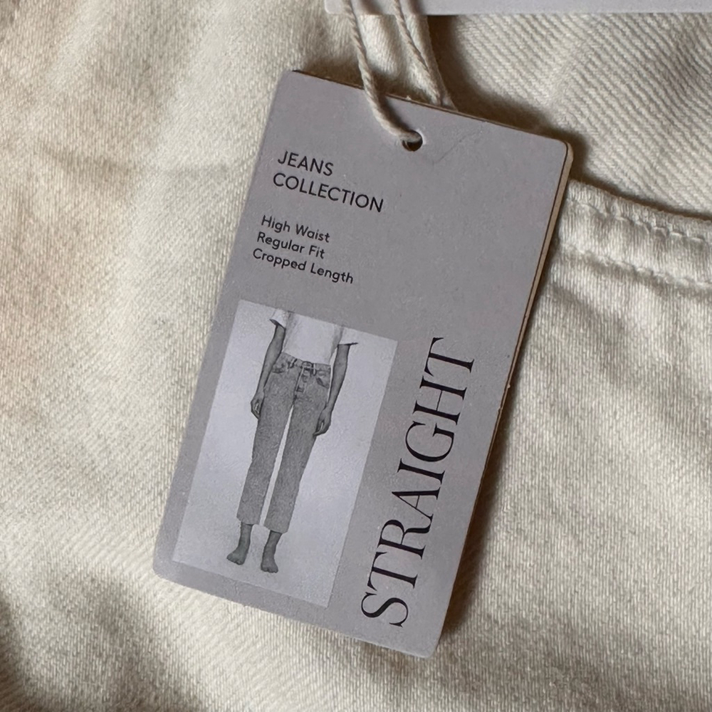 NWT Mango MNG Denim Jeans Womens 8 Bone Ecru Havana Cropped High Waist Frayed - Picture 6 of 8